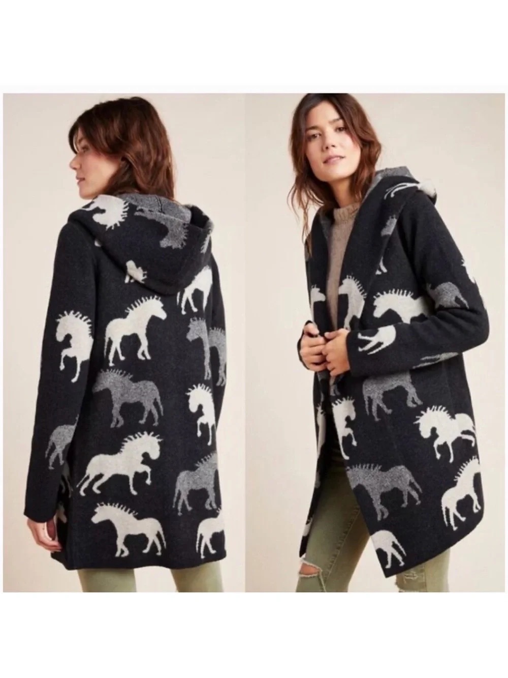 Anthropologie Black Hooded Cardigan with White Horse Motif M